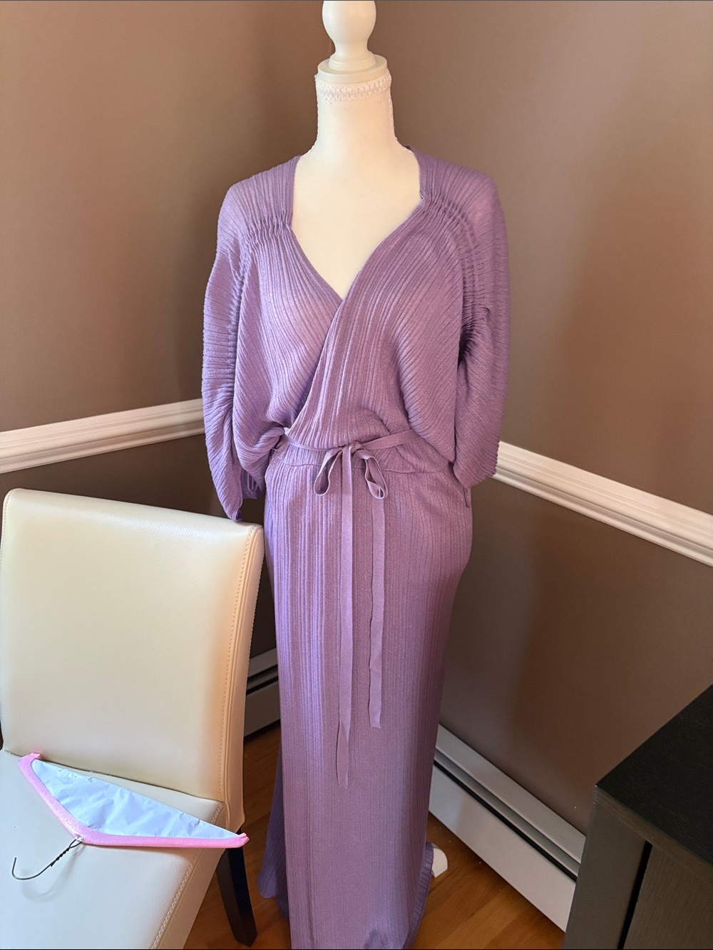 Zara Ribbed Knit Slouchy Maxi Wrap Dress Size S Lavender Ruched Dolman Sleeve